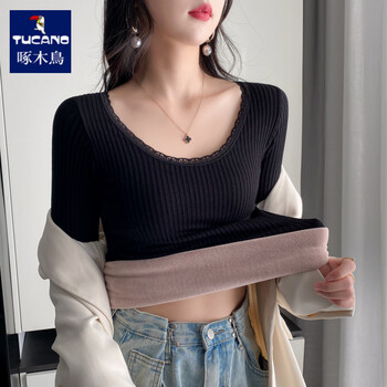Woodpecker autumn and winter lace edge low-neck plus velvet thermal underwear for women plus velvet thickened cold-proof inner with slim long-sleeved bottoming shirt black s