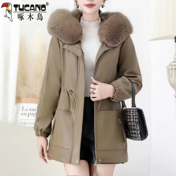 Woodpecker (tucano) hooded fur collar leather jacket women's mid-length casual autumn and winter slim plush velvet thickening western style large size loose brown 4xl recommended 135-145 jin