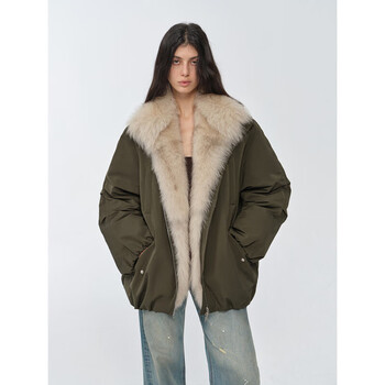 Fu zhien's warm dialogue two-color fox fur collar detachable 90 goose down jacket mid-length down jacket military green