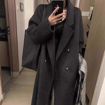 Puyuan women's high-end wool cashmere coat autumn and winter new double-sided woolen coat small loose mid-length dark gray s recommended 80-120 pounds
