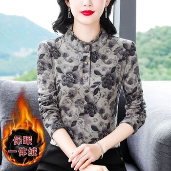 New velvet lace collar bottoming shirt for winter new mother's wear velvet thickened warm top t-shirt small shirt loose version blue rose 4xl 120-135 catties