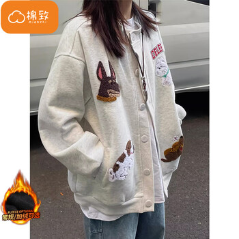 Cotton flocked retro puppy cardigan jacket for women in autumn and winter new baseball uniform trendy casual loose sweatshirt plus velvet h953 white flower gray regular high quality 35.5 l 100-120 catties