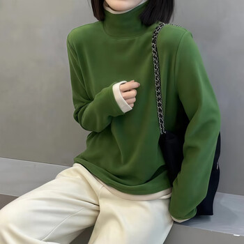 Suding women's original brand flagship store fashion high collar double-sided german velvet color matching fake two-piece high collar bottoming top winter green m