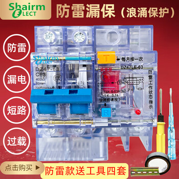 Lightning protection and leakage protection 2p household 220v air switch with leakage protection circuit breaker charging pile anti-electric shock 40a63a transparent lightning protection + 2p leakage protection 125a