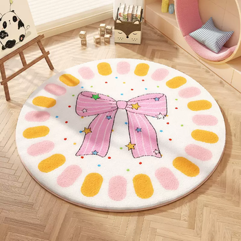 Yusenyi cartoon puppy round children's room carpet girl's bedroom bedside blanket reading area climbing mat thick fur velvet bow star-imitation cashmere cotton linen bottom round carpet diameter 60cm (environmentally friendly material, non-toxic and odorless)