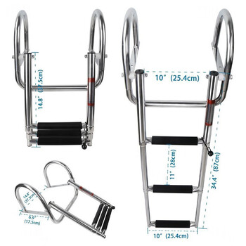 Stainless steel telescopic ladder for sub-deck launching and boarding, pontoon stern, foldable with handrails, 3-section ladder