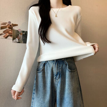 Miaoyi jiade velvet bottoming shirt for women, thickened velvet bottoming shirt for autumn and winter, 2025 new slim round neck bottoming top, round neck slim long sleeve bottoming shirt, white, one size fits all, recommended 80-120 pounds