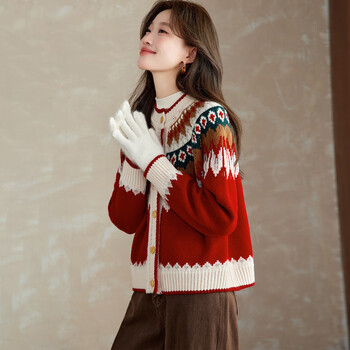 Shexi (srcr) pure wool lazy style thickened sweater jacket for women autumn and winter fair isle retro jacquard loose knitted cardigan