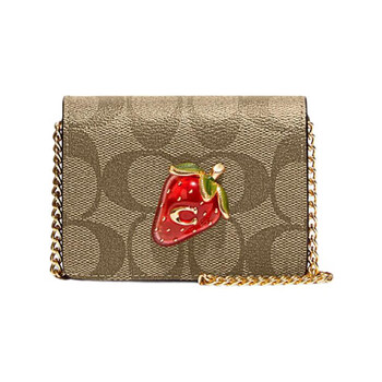 Coach 10 metal strawberry flap cow leather shoulder crossbody bag wallet mini women's brown and red basic pack (bag + dust bag)