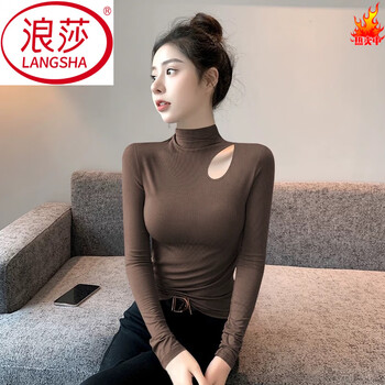 Langsha (langsha) modal autumn and winter new style half turtleneck bottoming shirt for women, hollow long-sleeved inner wear, large size slimming top, brown m size 80-100 pounds