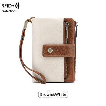 New new rfid anti-theft women's wallet multi-functional three-fold short wallet retro large capacity coin purse brown with white