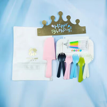 Qiao bo lai cake tableware fork disposable 4-in-1 combination fork paper plate candle birthday cake tableware candle 5 plates 5 colored spoons fork + knife + wax + cap - 600 sets frosted bag