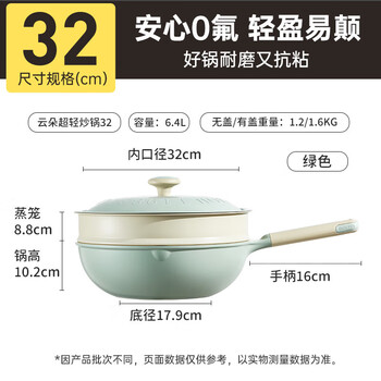 Cui da huang cui da huang wok non-stick pan 0 chemical coating wok titanium shield poly oil non-stick pan non-convex bottom green 0 fluorine 0 coating + non-stick steamer 32cm