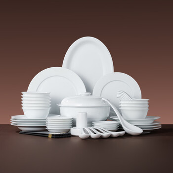 Jingdezhen (jdz) ceramic tableware set chinese style simple solid color dishes complete set home gift white porcelain tableware housewarming gift flow frost