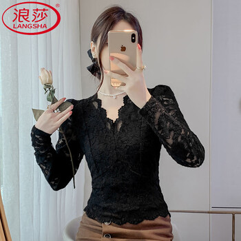 Langsha lace shirt plus velvet 2025 bottoming hollow autumn and winter thickened western style new slim slim puff long sleeve women's top black spring and autumn style s 80-95 jin