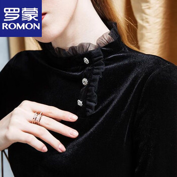 Romon black gold velvet half turtle collar ruffled bottoming shirt women's fashionable inner shirt 2025 spring and autumn plus velvet official flagship 6306# black regular l within 115 jin