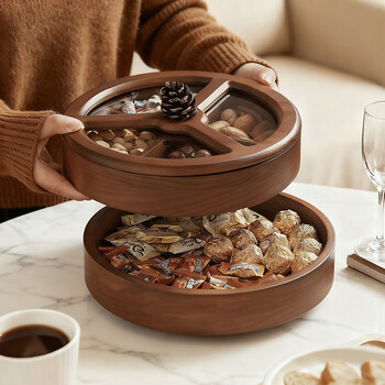 Modern housewife wooden fruit plate living room coffee house high-end exquisite and good-looking dried fruit fruit plate for housewarming pine wood round double-layer candy box rotatable