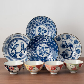 Mino yaki exquisite household ceramic tableware set imported from japan, japanese underglaze bowl and plate set, painted camellia 8-piece set