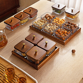 Modern housewife wooden fruit plate living room coffee house high-looking dried fruit plate snack display plate candy box four grids glass bowl + acacia wood plate + lid