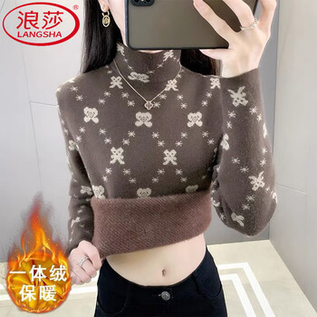 Langsha all-in-one velvet sweater for women, plus velvet, thickened, western style warm half turtleneck bottoming shirt for women, autumn and winter warm inner layer, knitted women's x25 coffee thickened all-in-one velvet 2xl