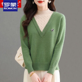 Luo meng fake two-piece color-blocked sweater for women, half turtleneck, soft and waxy, thickened, foreign style, loose woolen bottoming shirt for women, green m, 90kg-108kg to wear