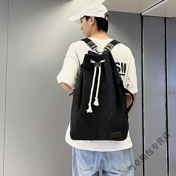 Ye yu retro travel canvas bag men's bucket backpack sports large capacity leisure fitness drawstring basketball backpack black