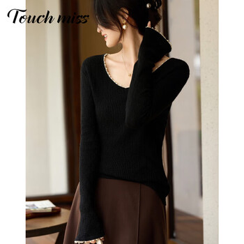 Touchmiss (touchmiss) black bell sleeve knitted bottoming shirt for women 2025 autumn and winter new style pearl trimmed v-neck sweater top dark black s