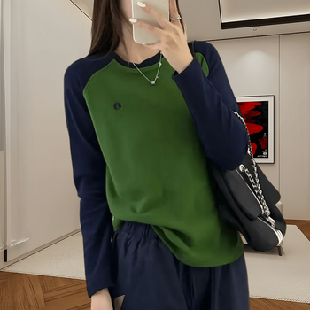 Yalu long-sleeved german velvet t-shirt for women spring new round neck color-blocked raglan embroidered bottoming shirt loose and versatile casual top green 2xl recommended 120-135 catties