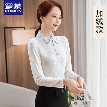 Luo meng lace collar plus velvet thickened bottoming shirt for women winter mesh inner warm top large size clothing long-sleeved shirt white ---- not afraid of the cold in winter plus velvet s (85-95 pounds to wear)