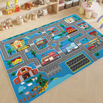 Yongfan machine washable japanese and korean style children's floor mat, parking lot simulation game, home crawling, reading and learning mat, city delineation micro city 200x340cm, exquisite double line edging