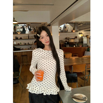 Harudi bottoming shirt for women 2026 spring and autumn new korean style sweet and spicy polka dot design slim fit layered inner top black and white polka dots m (80-100 pounds)
