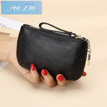 Anzhi 2025 new soft leather zipper small wallet simple keychain coin bag portable thin coin purse jurchen black