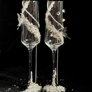He jiagong tassel smart butterfly wedding toast cup material pack handmade diy wedding champagne glass as a wedding gift for best friend 14# tassel smart butterfly plus diamond version material pack + cup pair