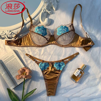 Langsha new french sexy embroidered underwear lace transparent chest showing underwire push-up bra transparent suit bra s80-100 jin
