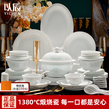 Yichen linglong porcelain underglaze color 2025 bowl and dish set household pure white high-looking jingdezhen tableware set housewarming gift jingdezhen linglong porcelain panzhilian - 70 accessories pot for 10 people