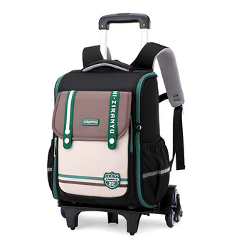Natural fish (ziranyu) new 2025 upgrade trolley schoolbag primary school boys and girls grade 3 to 6 large capacity trailer with slide dual-purpose black six-wheel stair climbing