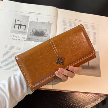 Other/other retro style multi-functional women's wallet women's long version mobile phone bag japanese and korean folding women's wallet oil wax clutch brown