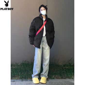 Playboy (playboy) blue short down jacket for women winter new stand collar korean version 90 white duck down small thickened bread jacket official flagship black m 101-110 pounds