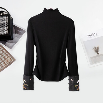 Sibaishe new chinese style bottoming shirt 2025 autumn new women's fit stitching embroidered half turtleneck top