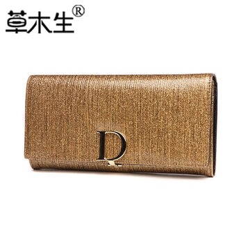 Genuine leather long wallet for women 2024 new fashion multi-card slot folding large capacity small handbag d buckle temperament wallet bright gold