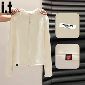 Chocoolate it women's half turtleneck german velvet zipper long-sleeved t-shirt for women 2025 winter new style right shoulder slim slim top apricot s