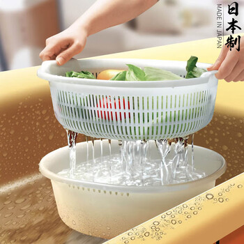 Sungsa japan imported double-layer plastic sink large vegetable basket fruit basket kitchen hollow draining dish storage basket white set (basin + drain basket)