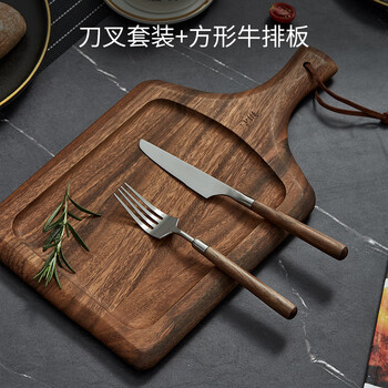 Fat donglai same style steak knife and fork walnut steak knife and fork plate set household stainless steel western food tableware wooden knife and fork set + acacia wood steak plate