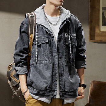 Playboy denim jacket men's 2026 autumn and winter new sweater hooded trendy brand loose fake two-piece casual velvet jacket black gray xl