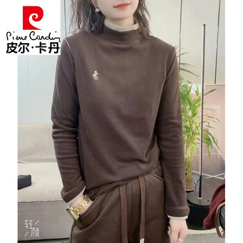 Pierre cardin commuter versatile half turtleneck double-sided german velvet bottoming shirt for women 2025 winter new thickened warm inner layering top fleece brown double-sided german velvet (half turtleneck color-blocked top) l
