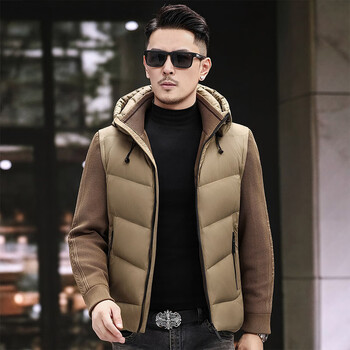 Ducky winter fashionable down jacket men's thickened winter warmth short hooded sleeves detachable splicing jacket khaki m 170 recommended 100-120 catties