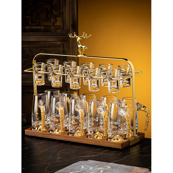 Shijanu home white wine glass crystal glass light luxury creative small one-shot spirit glass wine dispenser set gold foil style 6 pots 6 cups + deer head cup holder