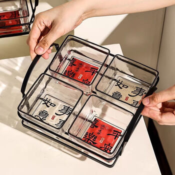 Shi jin fruit plate housewarming new year glass fruit plate home living room coffee table snacks snacks melon seeds snacks candy black frame four-gate plate huanxi b two + ruyi h two