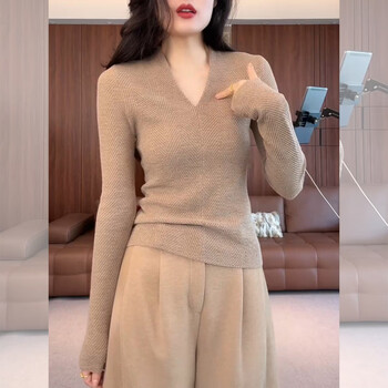 Isonourt sexy v-neck sweater for women in autumn and winter, slimming and covering the belly, camel color, light-colored kochi outfit/big and good-looking 3xl, recommended 145-160 pounds