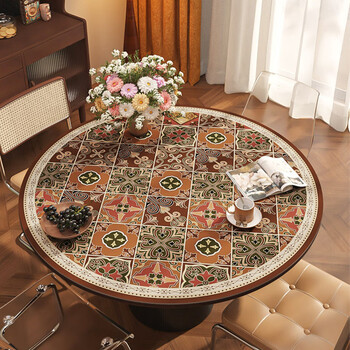 Jun yuexi tablecloth dining table oil-proof and waterproof round table american atmosphere leather large round table mat household coffee table disposable tablecloth european and american style parquet-03 round 95 cm